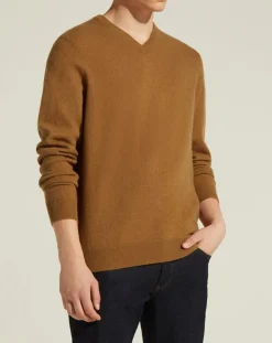 Pull 100% Cachemire col V Uni Nachve marron-Galeries Lafayette Discount