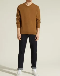 Pull 100% Cachemire col V Uni Nachve marron-Galeries Lafayette Discount