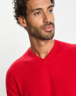 Pull 100% Cachemire col V Uni Nachve rouge-Galeries Lafayette Sale