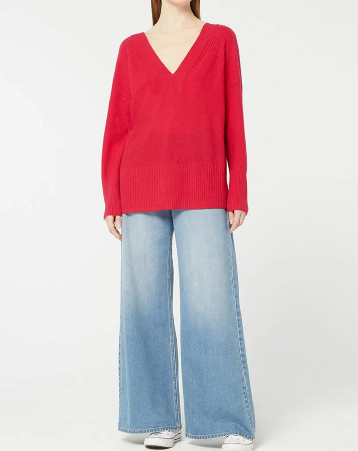 Pull 100% Cachemire Frani col V rose foncé-Galeries Lafayette Clearance