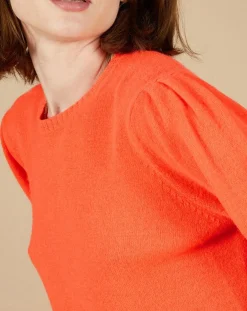 Pull 100% Cachemire Ines col rond tressé corail fluo-Cashmere Tribu Outlet