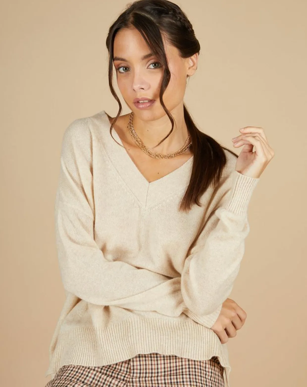 Pull 100% Cachemire Iris Col V profond oversize blé-Cashmere Tribu Best