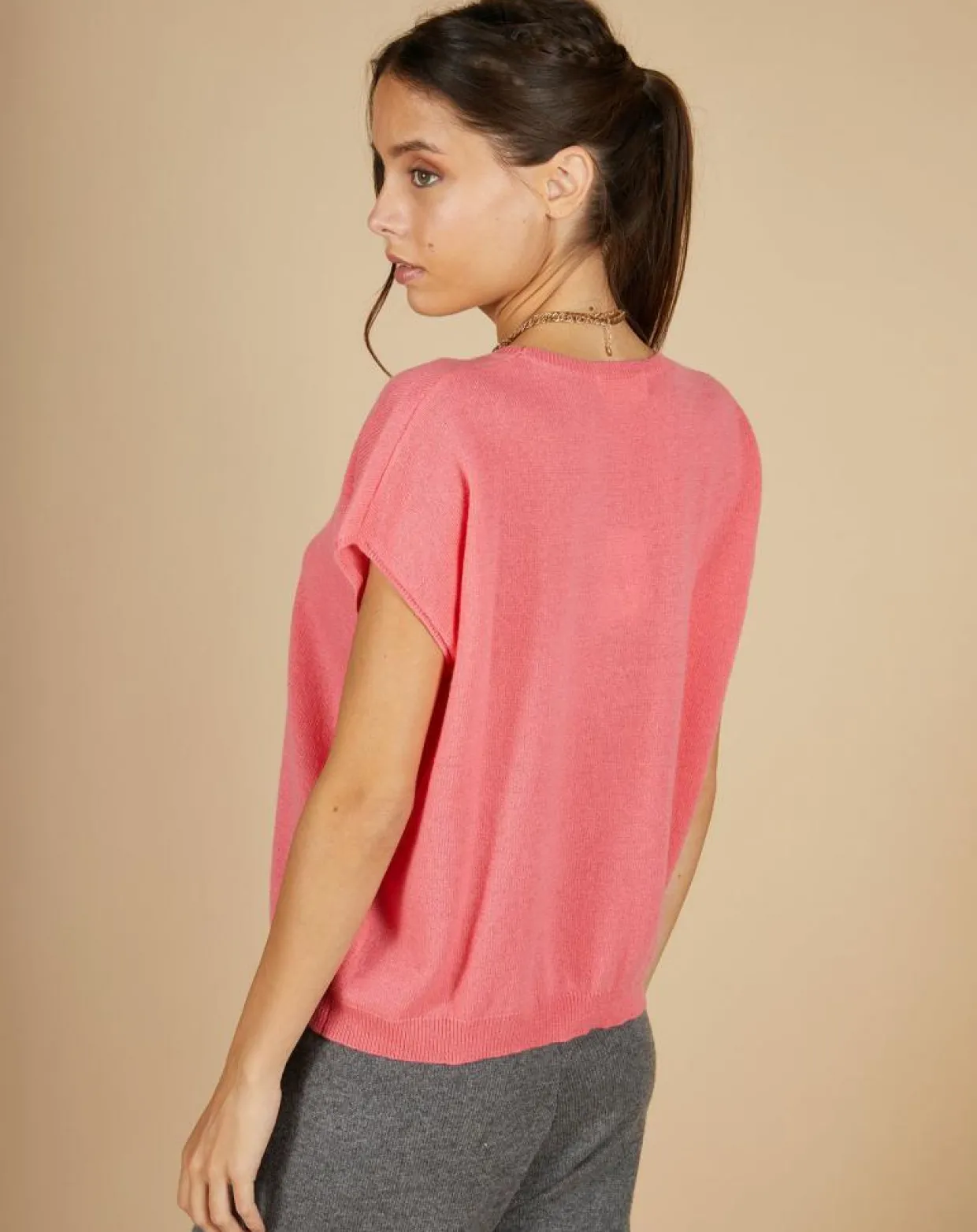 Pull 100% Cachemire Laurène manches courtes rose-Cashmere Tribu Outlet