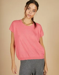 Pull 100% Cachemire Laurène manches courtes rose-Cashmere Tribu Outlet