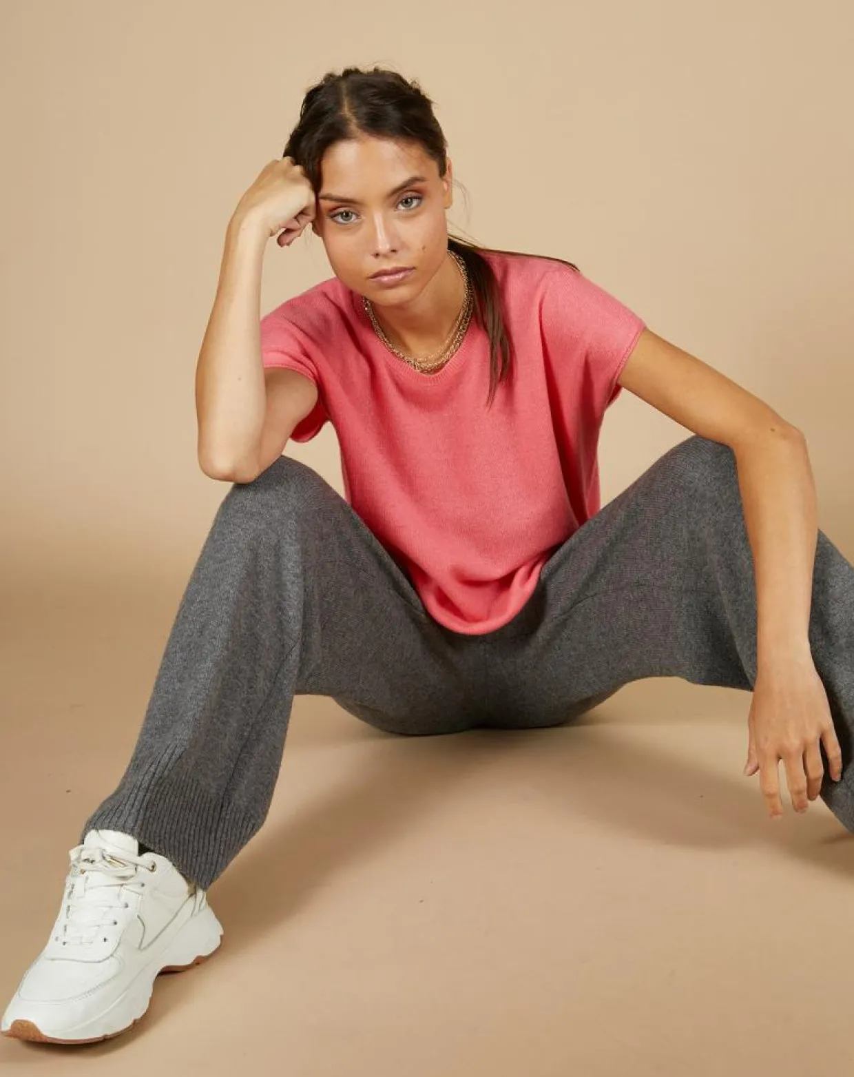 Pull 100% Cachemire Laurène manches courtes rose-Cashmere Tribu Outlet