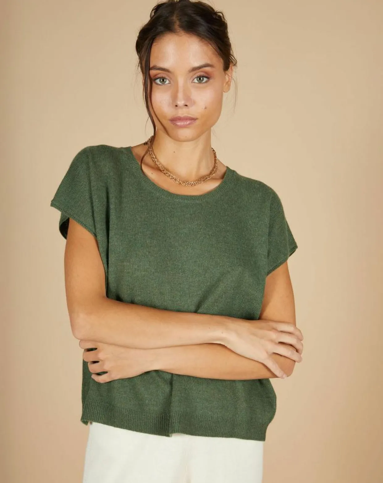 Pull 100% Cachemire Laurène manches courtes kaki-Cashmere Tribu Online