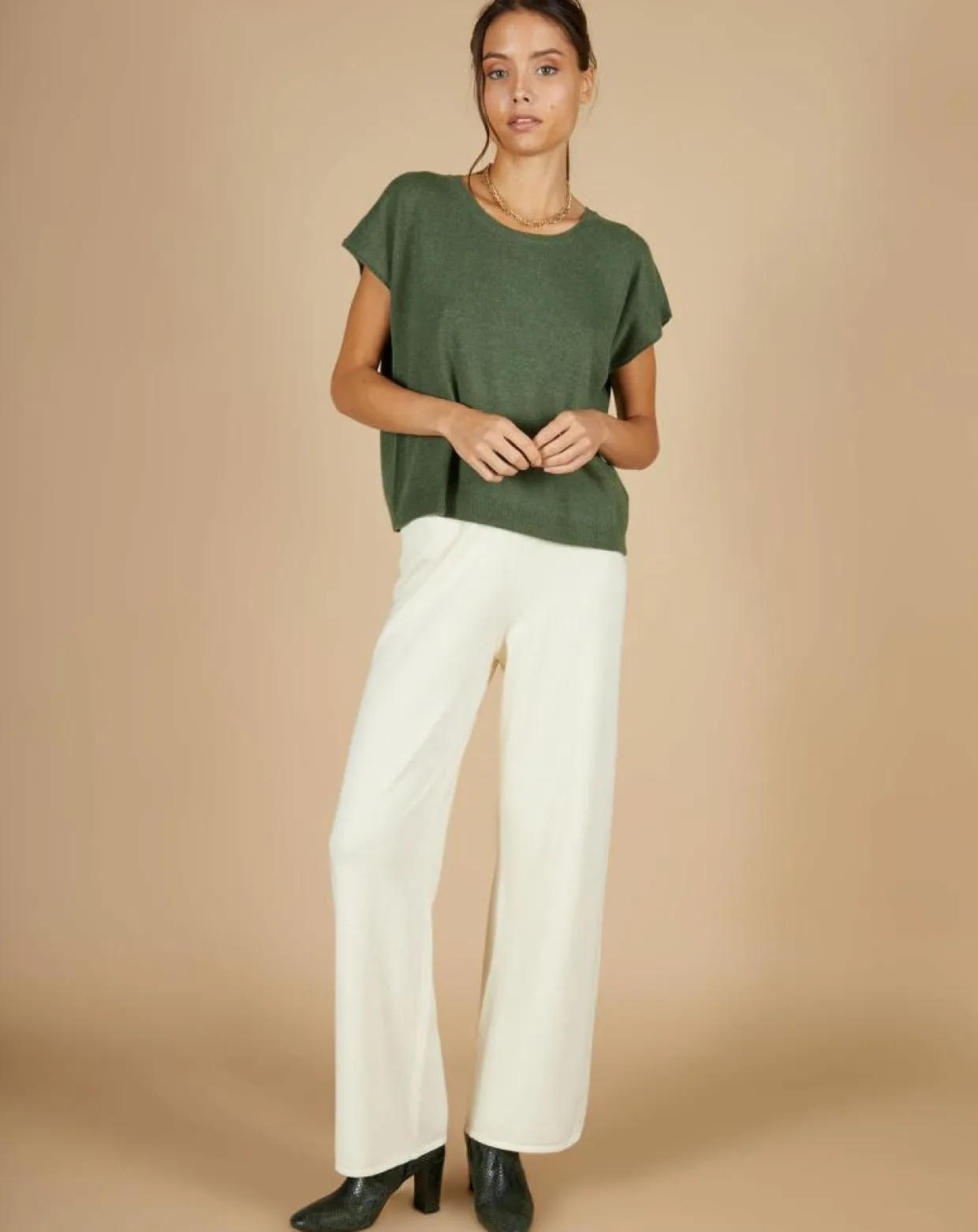 Pull 100% Cachemire Laurène manches courtes kaki-Cashmere Tribu Online
