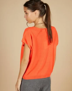 Pull 100% Cachemire Laurène manches courtes corail fluo-Cashmere Tribu Clearance