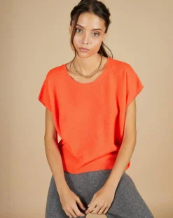 Pull 100% Cachemire Laurène manches courtes corail fluo-Cashmere Tribu Clearance