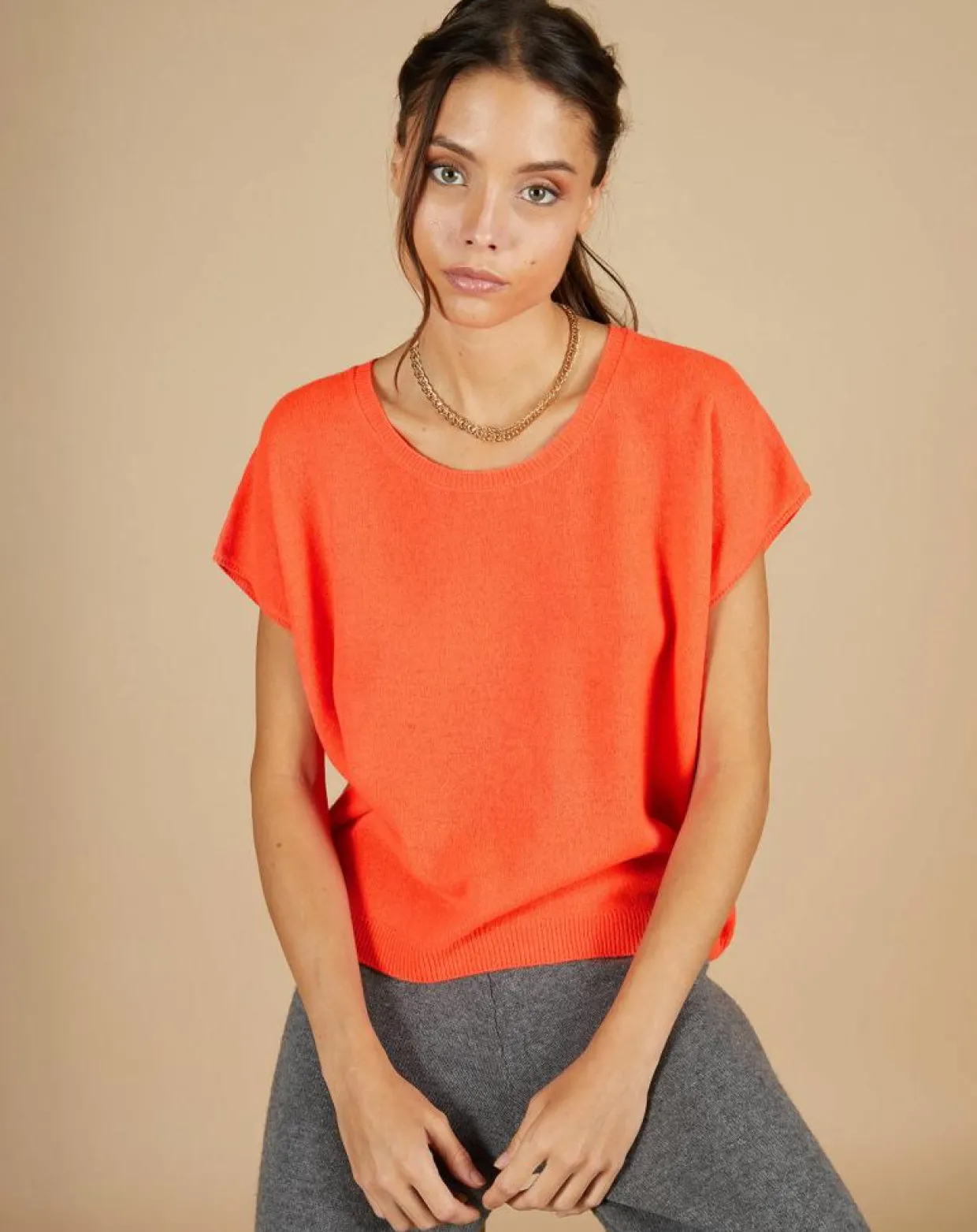 Pull 100% Cachemire Laurène manches courtes corail fluo-Cashmere Tribu Clearance