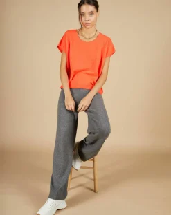 Pull 100% Cachemire Laurène manches courtes corail fluo-Cashmere Tribu Clearance