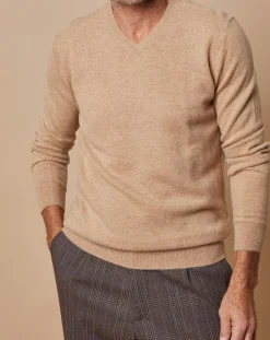 Homme Oscar et Louise Pulls^Pull 100% Cachemire Lucien col V beige