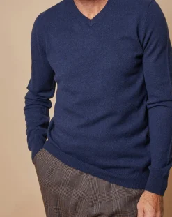 Homme Oscar et Louise Pulls^Pull 100% Cachemire Lucien col V bleu marine