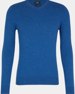Pull 100% Cachemire Machve col V bleu-Galeries Lafayette Discount