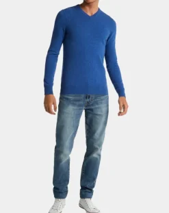 Pull 100% Cachemire Machve col V bleu-Galeries Lafayette Discount
