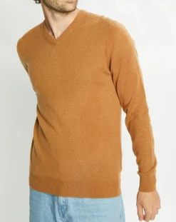 Pull 100% Cachemire Machve col V caramel-Galeries Lafayette New