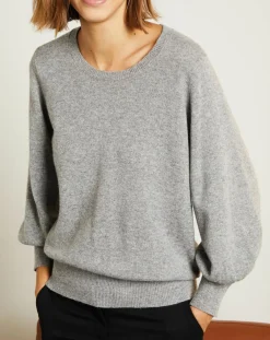 Pull 100% Cachemire Manches Ballon Angelina Col rond gris chiné clair-Miss Cashmere
