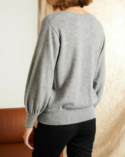Pull 100% Cachemire Manches Ballon Angelina Col rond gris chiné clair-Miss Cashmere