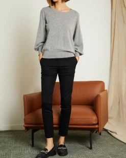 Pull 100% Cachemire Manches Ballon Angelina Col rond gris chiné clair-Miss Cashmere