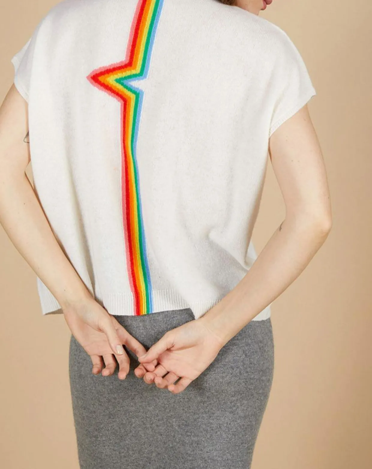 Pull 100% Cachemire Marion à bandes au dos écru-Cashmere Tribu Clearance