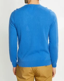 Pull 100% Cachemire Nachve col V bleu-Galeries Lafayette Discount