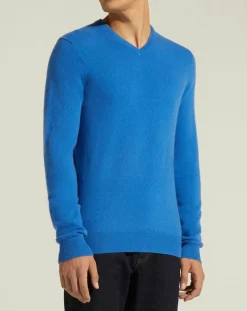 Pull 100% Cachemire Nachve col V bleu-Galeries Lafayette Discount