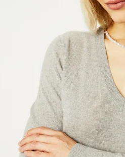 Pull 100% Cachemire Nocon col V gris clair-Galeries Lafayette New