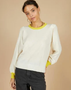 Femme Cashmere Tribu Pulls^Pull 100% Cachemire Romane col rond écru/liseré citron