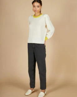 Femme Cashmere Tribu Pulls^Pull 100% Cachemire Romane col rond écru/liseré citron