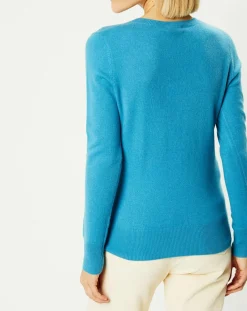 Pull 100% Cachemire Yocon col V bleu moyen-Galeries Lafayette Best