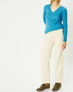 Pull 100% Cachemire Yocon col V bleu moyen-Galeries Lafayette Best