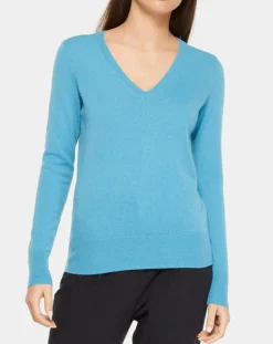 Pull 100% Cachemire Yocon col V bleu moyen-Galeries Lafayette Best