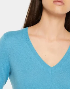 Pull 100% Cachemire Yocon col V bleu moyen-Galeries Lafayette Best