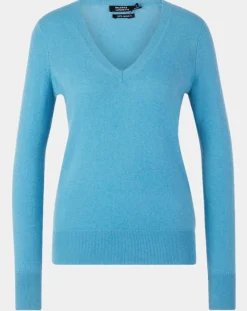 Pull 100% Cachemire Yocon col V bleu moyen-Galeries Lafayette Best