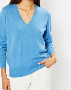 Pull 100% Cachemire Zocon col V bleu-Galeries Lafayette Best