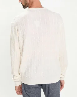 Homme Hackett London Pulls^Pull 100% Laine d'agneau col rond Cable écru