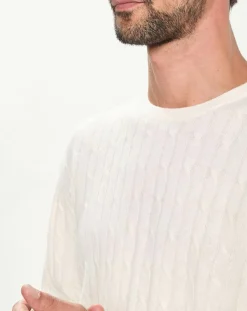 Homme Hackett London Pulls^Pull 100% Laine d'agneau col rond Cable écru