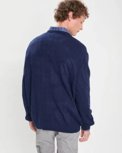 Pull 100% Laine d'agneau col rond Cable Fin bleu-Hackett London Hot