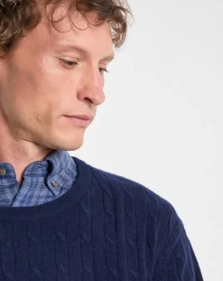 Pull 100% Laine d'agneau col rond Cable Fin bleu-Hackett London Hot