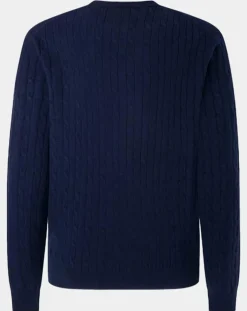 Pull 100% Laine d'agneau col rond Cable Fin bleu-Hackett London Hot