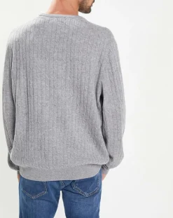 Pull 100% Laine d'agneau col rond Cable gris clair-Hackett London New