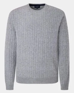 Pull 100% Laine d'agneau col rond Cable gris clair-Hackett London New