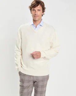 Pull 100% Laine d'agneau col V écru-Hackett London Clearance