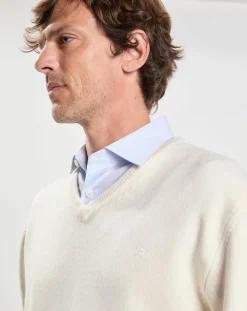 Pull 100% Laine d'agneau col V écru-Hackett London Clearance