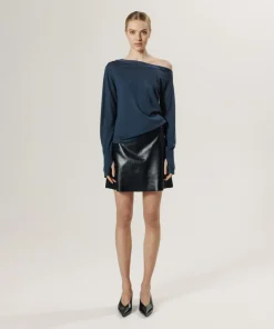 Pull Abby 100% laine épaule nue asymétrique bleu pétrole-Rodier New