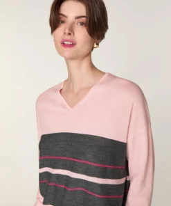 Pull Adélie 100% Laine col V rayures rose perle-Rodier Clearance