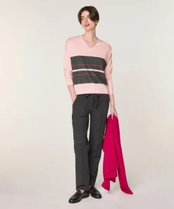 Pull Adélie 100% Laine col V rayures rose perle-Rodier Clearance
