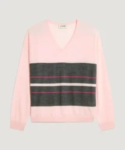 Pull Adélie 100% Laine col V rayures rose perle-Rodier Clearance
