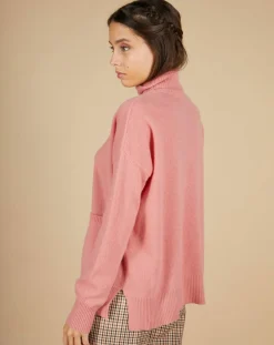 Pull ample 100% Cachemire Alicia Col roulé à poches bois de rose-Cashmere Tribu Online