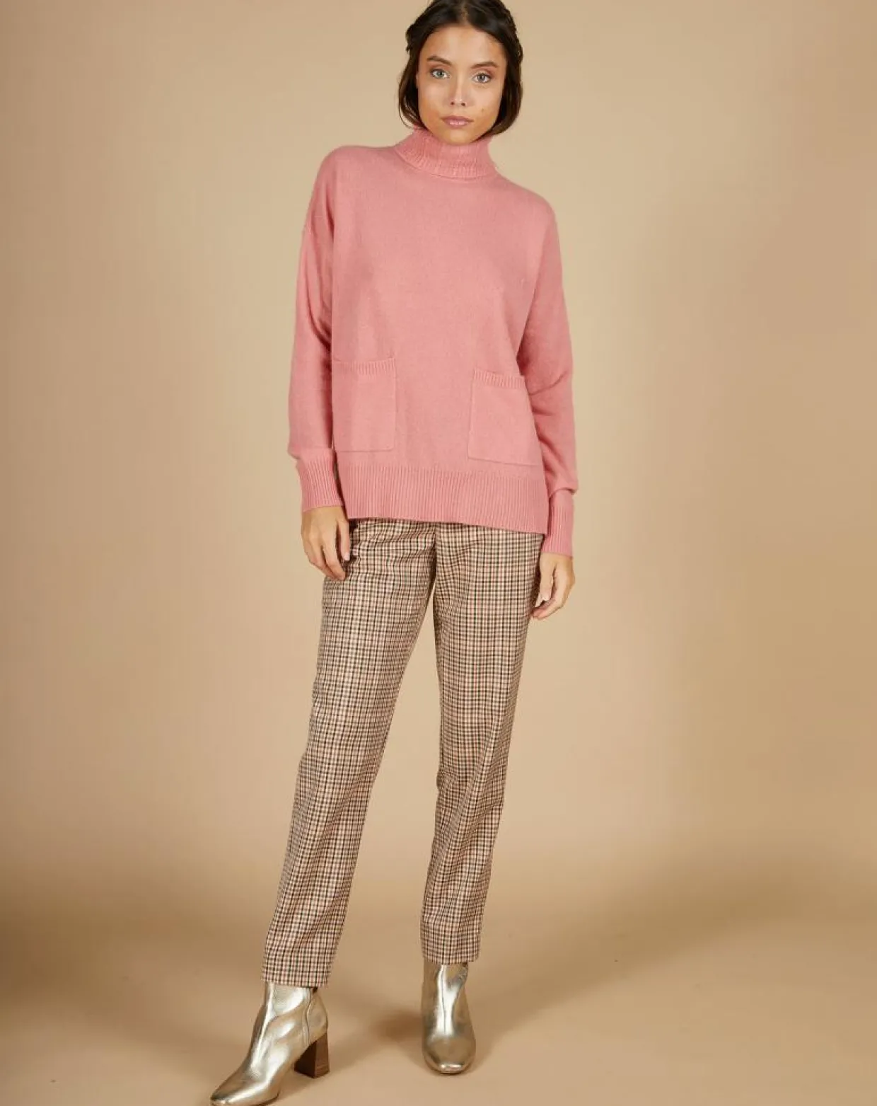 Pull ample 100% Cachemire Alicia Col roulé à poches bois de rose-Cashmere Tribu Online